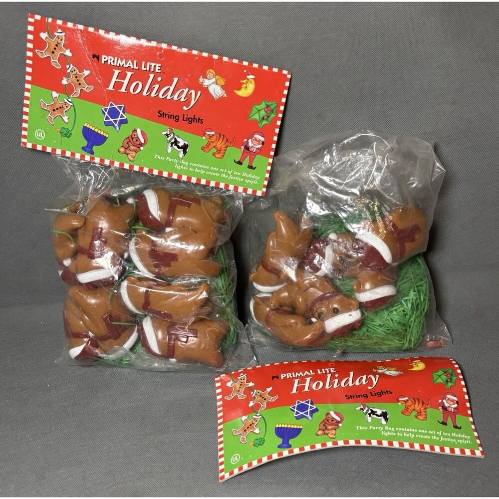 NIP Vintage PRIMAL LITE Xmas Teddy Bear Santa Hat Party Lights-1995 String lighs